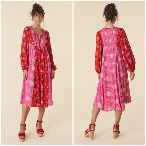 💕SPELL & THE GYPSY💕 Solstice Boho Midi Dress ~ Salsa Rose Large - Picture 3 of 16